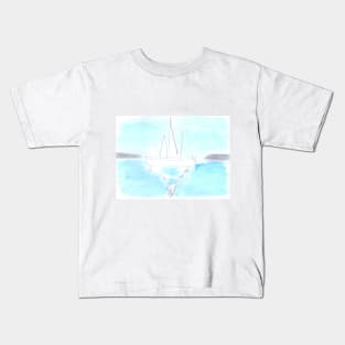 Yacht, sea, ocean, sports, nature, landscape, seascape, summer, vacation, watercolor, watercolour, hand drawn, drawing, illustration, Kids T-Shirt